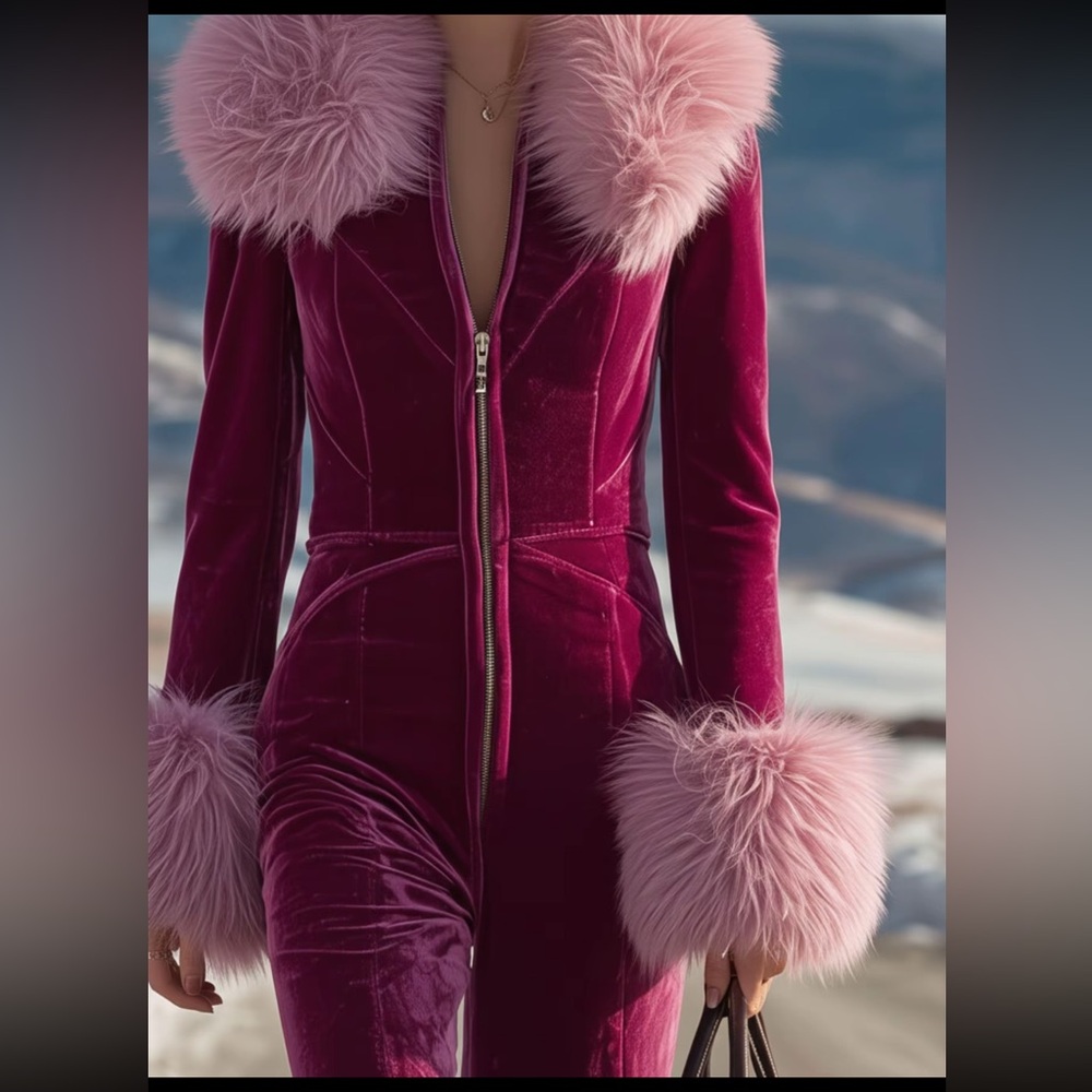 S0LD‼️ Chic Velvet Jumpsuit with Faux Fur Accents - Picture 3 of 3